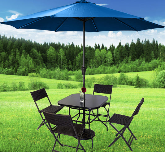 7 Piece Outdoor Dining Set with Rattan Chairs and Blue Umbrella