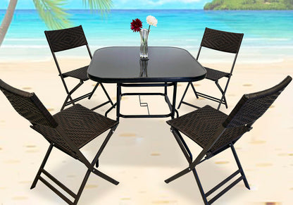 7 Piece Outdoor Rattan Furniture Set with Beige Umbrella and Stand