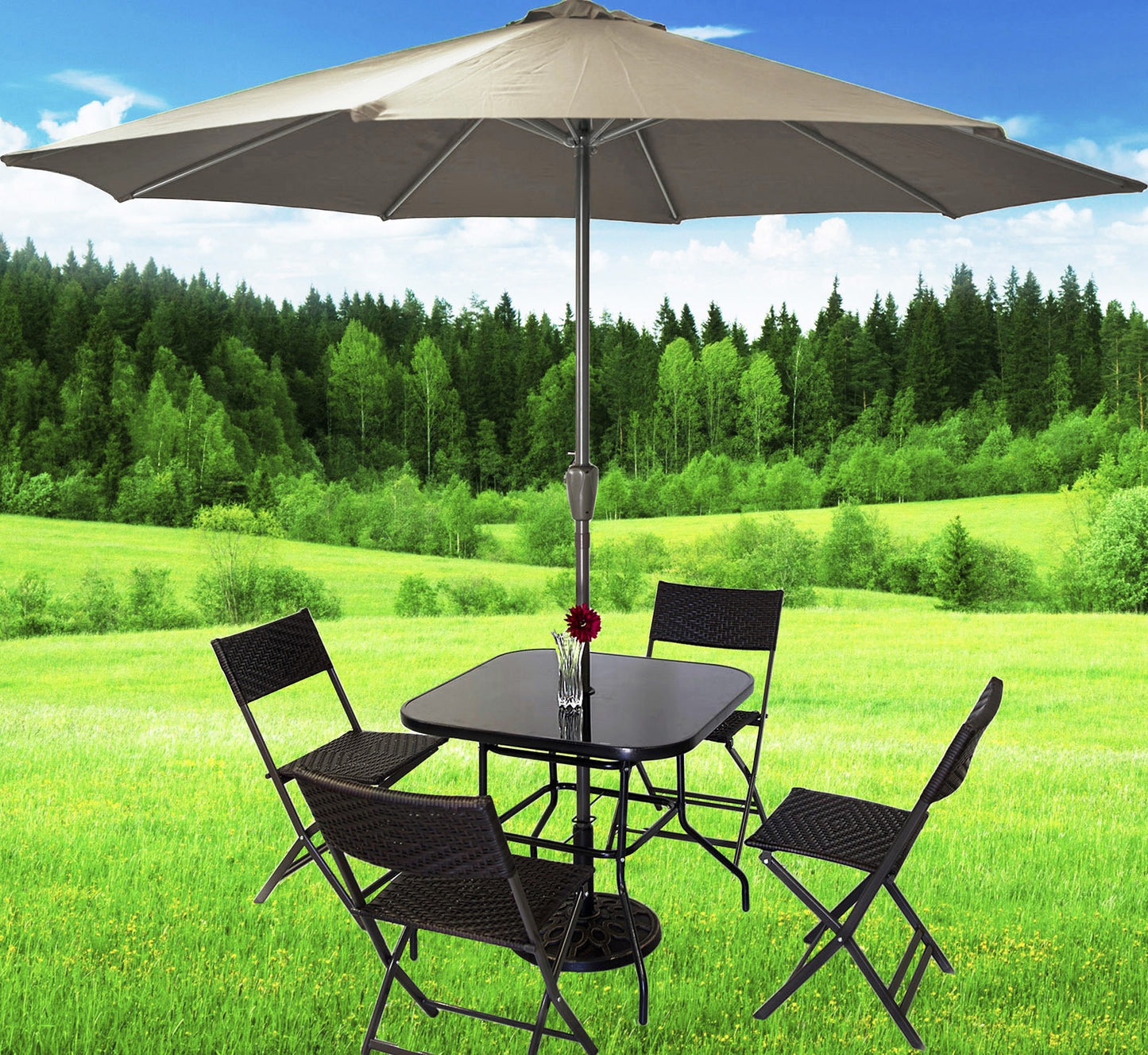 7 Piece Outdoor Rattan Furniture Set with Beige Umbrella and Stand