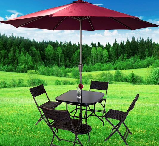 7 Piece Outdoor Dining Set with Rattan Chairs and Maroon Umbrella