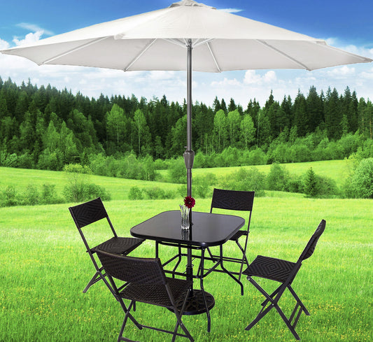 7 Piece Outdoor Dining Set with Rattan Chairs and White Umbrella