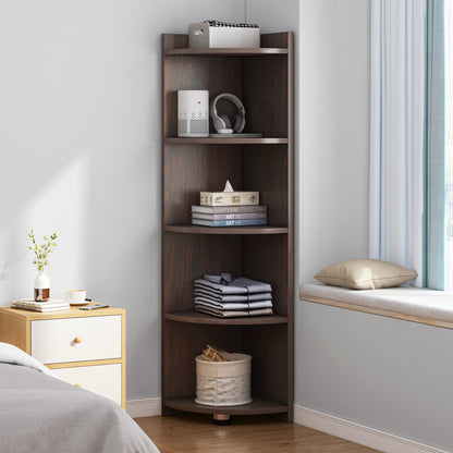 Stylish 5 Tier Wooden Corner Shelf Unit Black Walnut