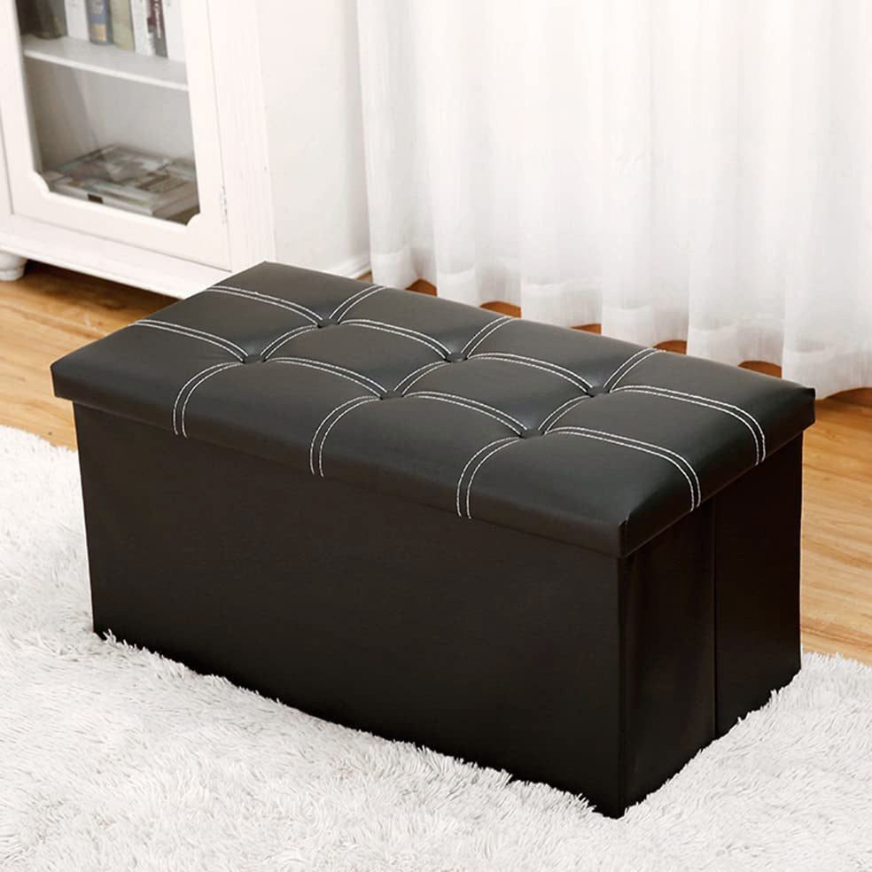 XL Rectangle Foldable Storage Ottoman PU Leather Black