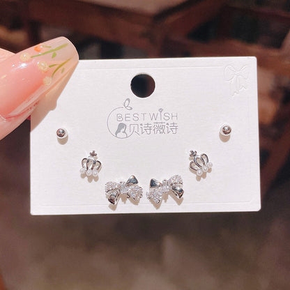 3 Pairs Bow and Crown Sterling Silver Stud Earrings Set