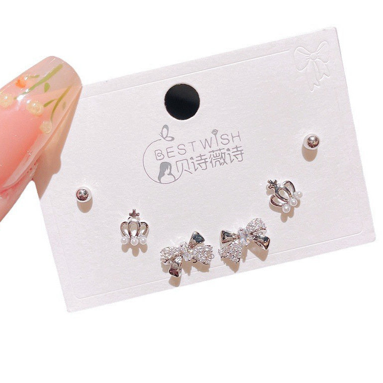 3 Pairs Bow and Crown Sterling Silver Stud Earrings Set