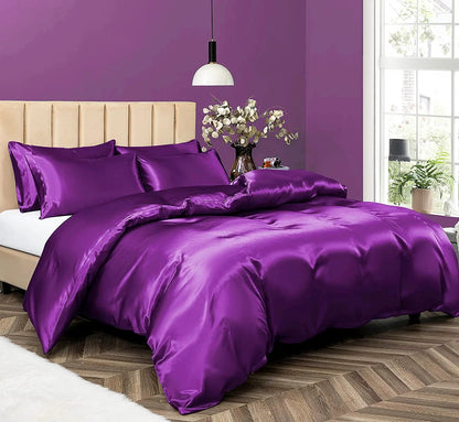 Double Silky Satin Sheet Quilt Cover Pillowcase Bed Set Purple