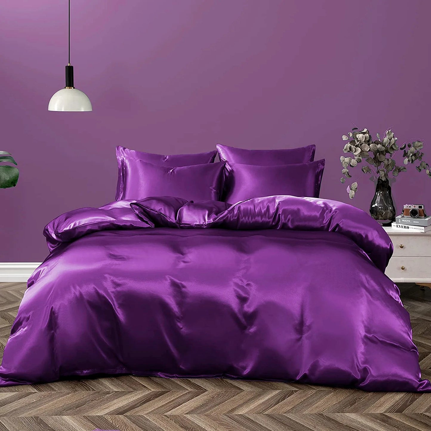 Double Silky Satin Sheet Quilt Cover Pillowcase Bed Set Purple