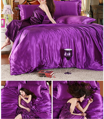 Double Silky Satin Sheet Quilt Cover Pillowcase Bed Set Purple