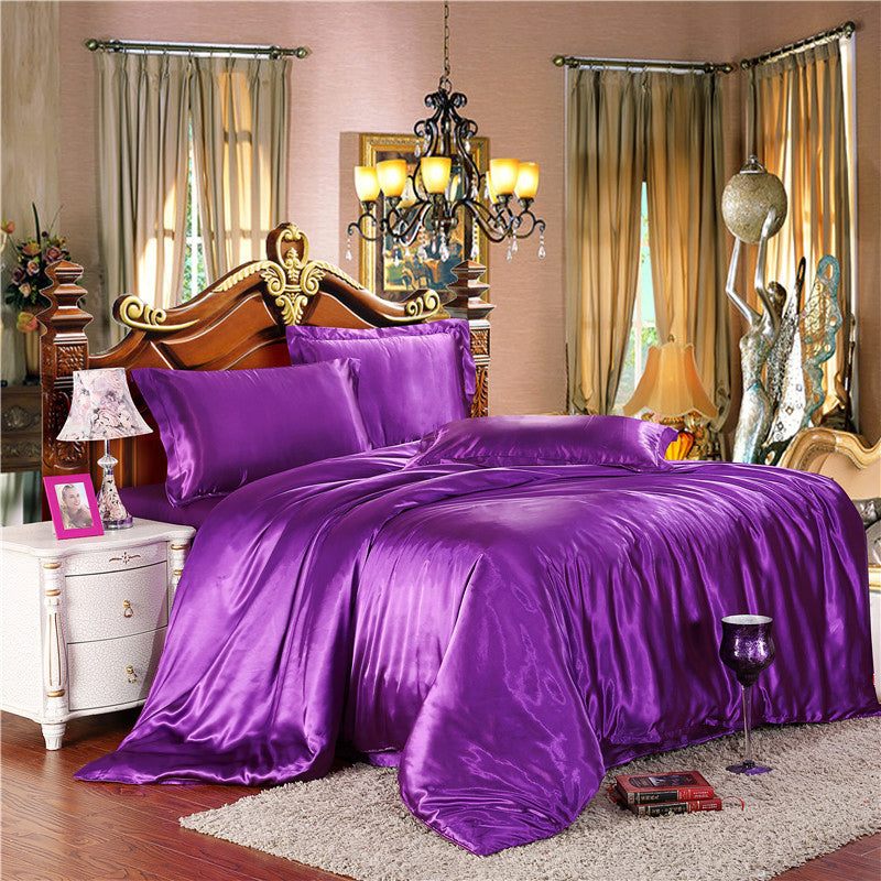 Double Silky Satin Sheet Quilt Cover Pillowcase Bed Set Purple