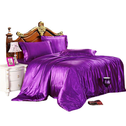 Double Silky Satin Sheet Quilt Cover Pillowcase Bed Set Purple