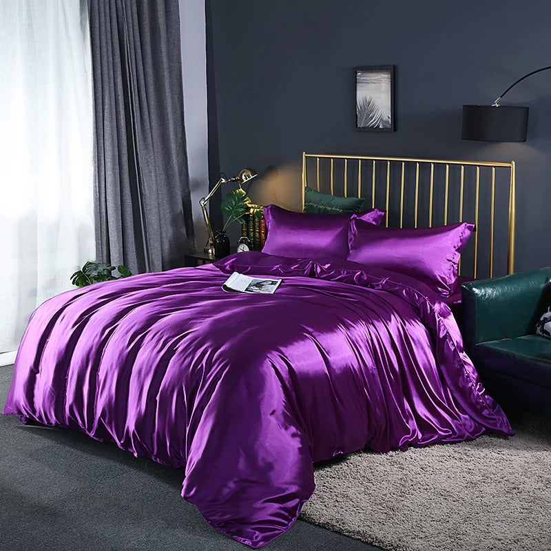 Double Silky Satin Sheet Quilt Cover Pillowcase Bed Set Purple