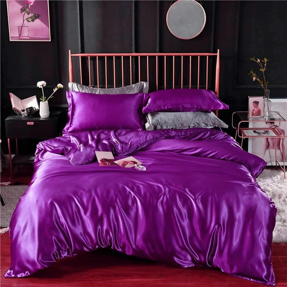 Double Silky Satin Sheet Quilt Cover Pillowcase Bed Set Purple