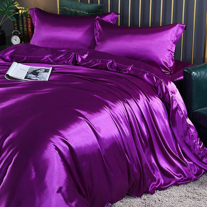 Double Silky Satin Sheet Quilt Cover Pillowcase Bed Set Purple