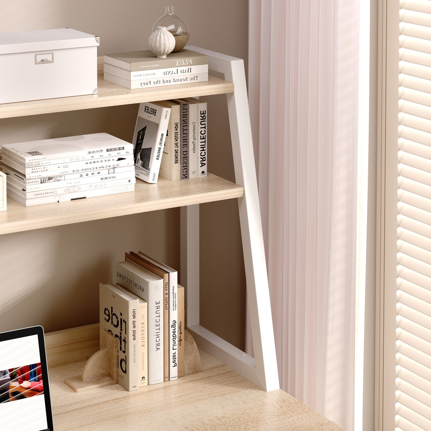 Spacious Office Computer Desk Workstation with Shelves and Drawers White Oak