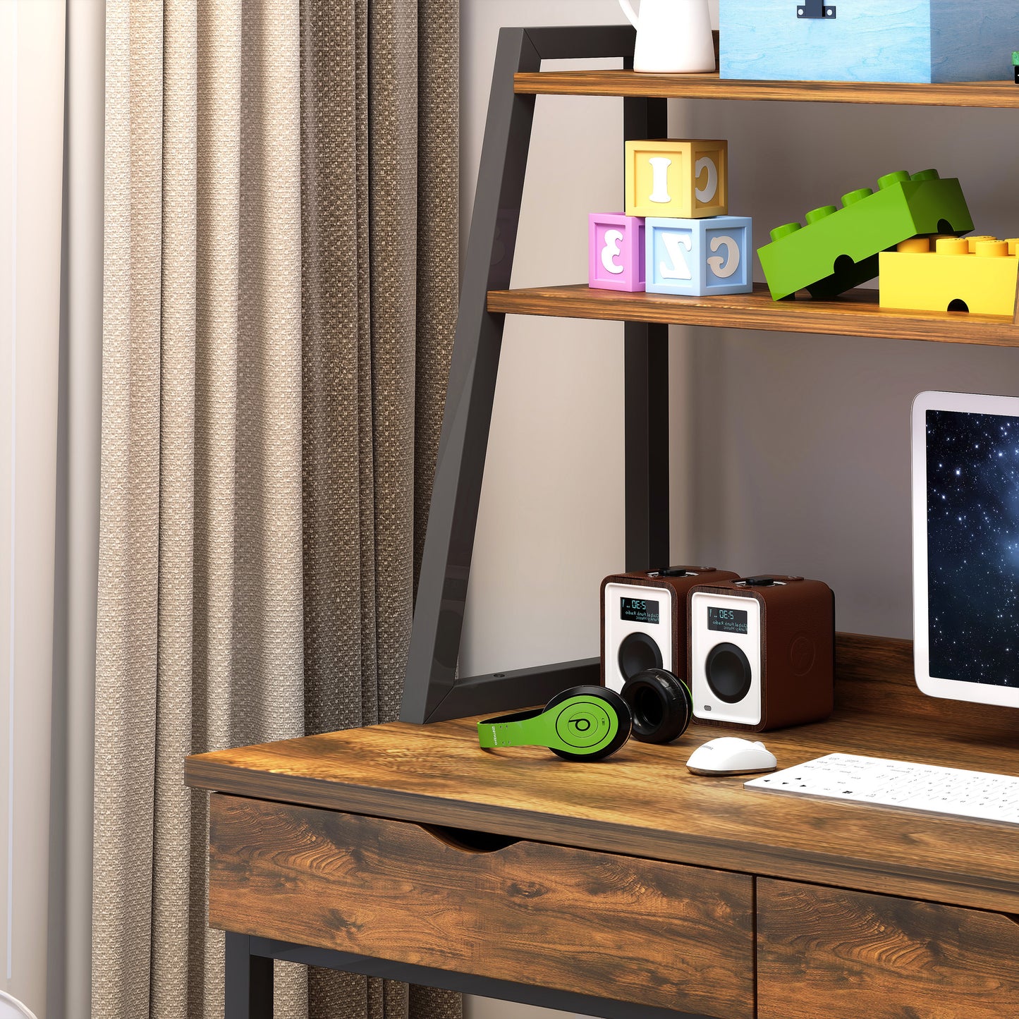 Spacious Office Computer Desk Workstation with Shelves and Drawers Rustic Wood