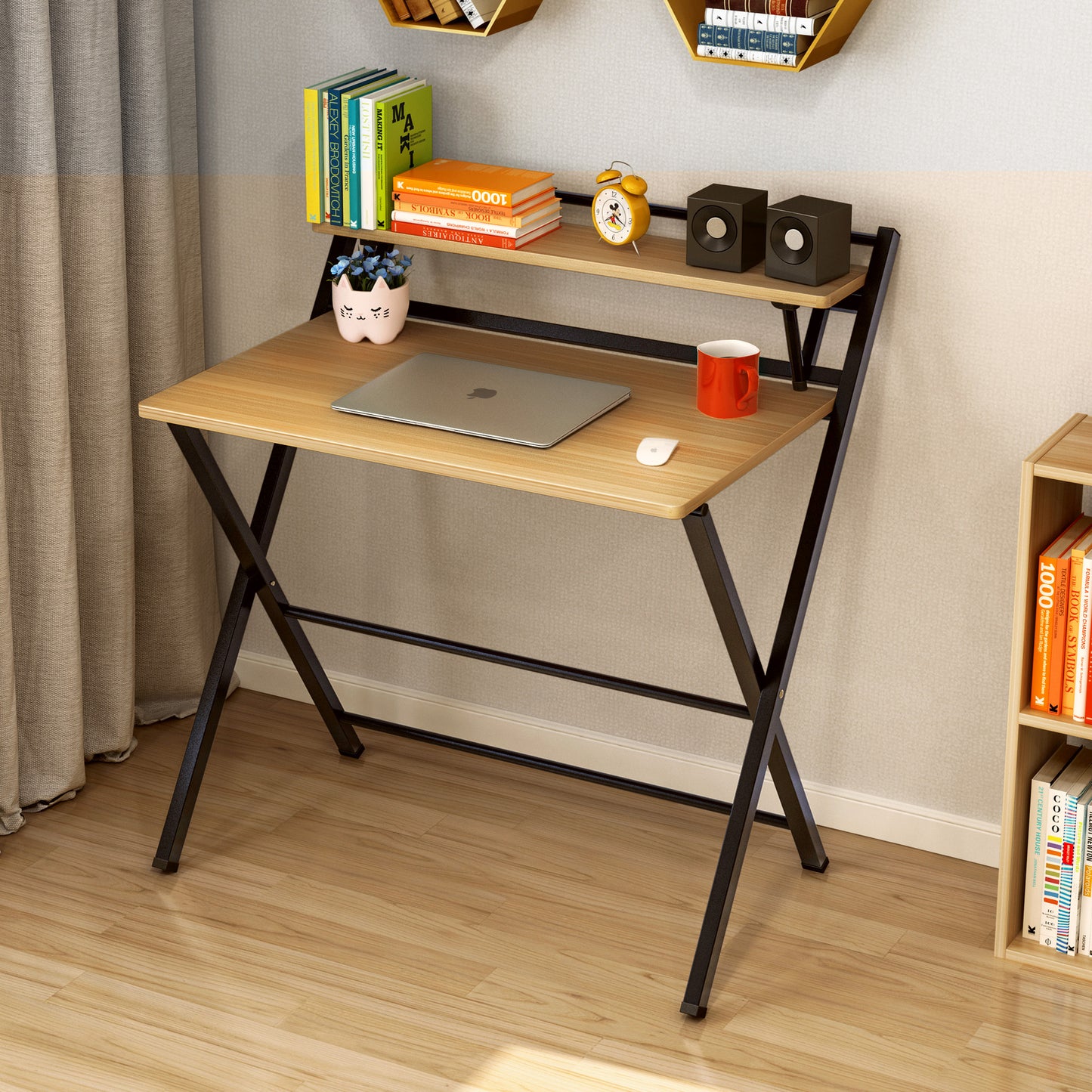 Smart Space-Saving Folding Desk with Storage Shelf Oak