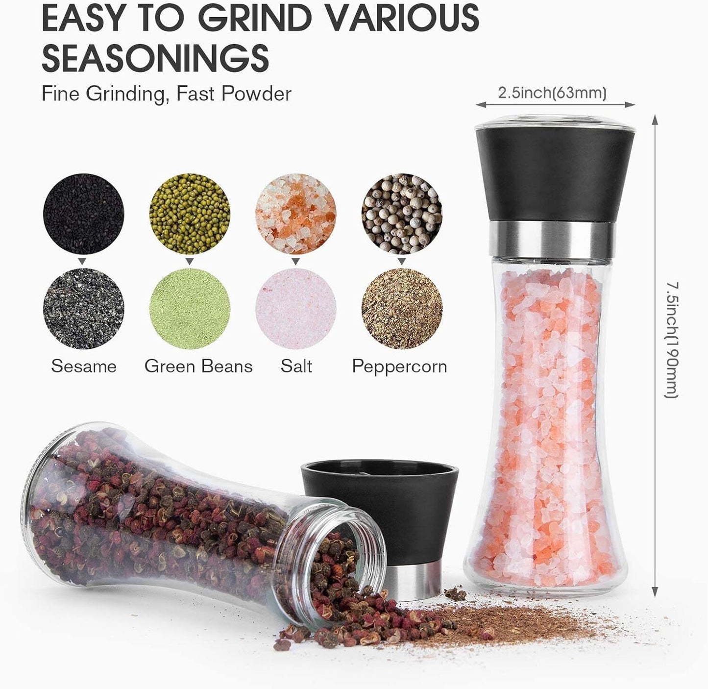 Premium Glass Salt and Pepper Grinder Mill for Fresh Spices