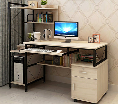 Multi-function Computer Desk Workstation with Shelves and Cabinet White Oak