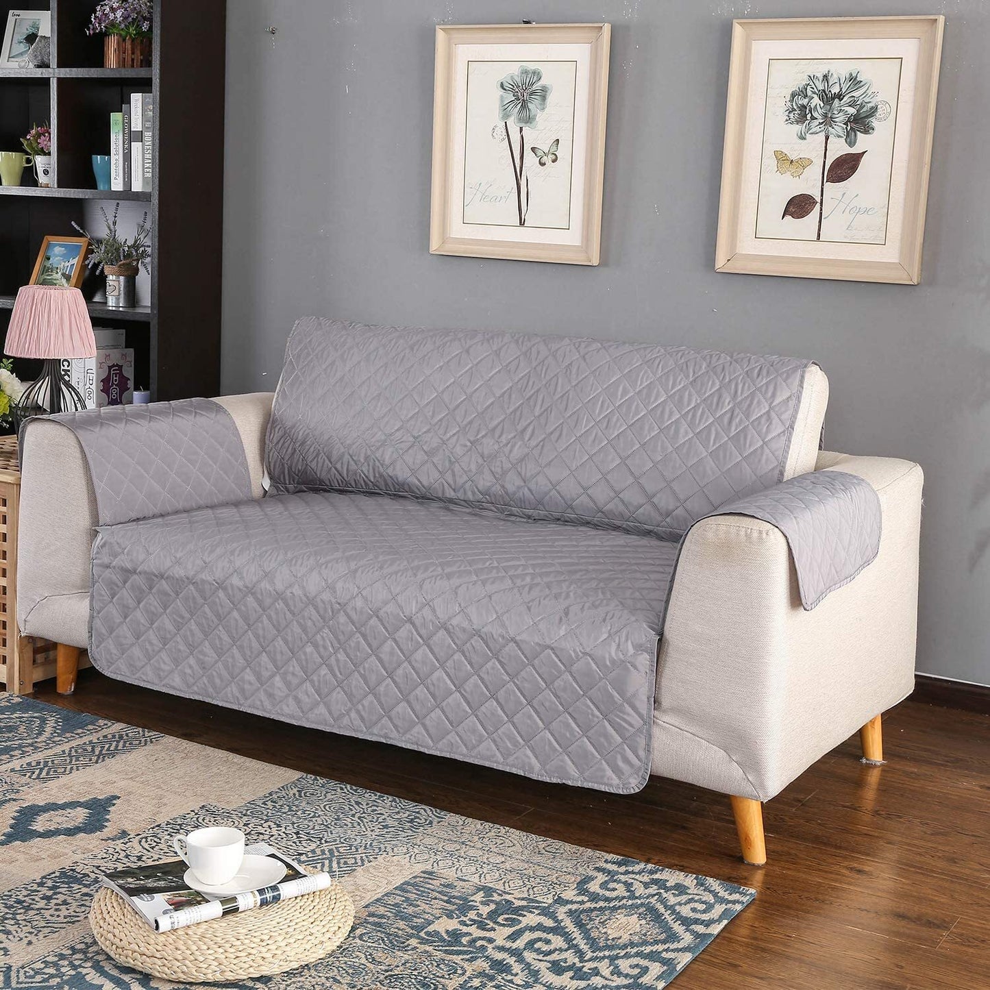 2-Seater Quilted Sofa Slipcover Water Resistant Couch Protector Grey