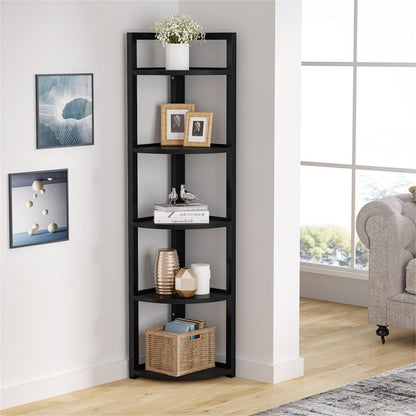 5 Tier Wood and Steel Corner Shelf Organizer Unit Black