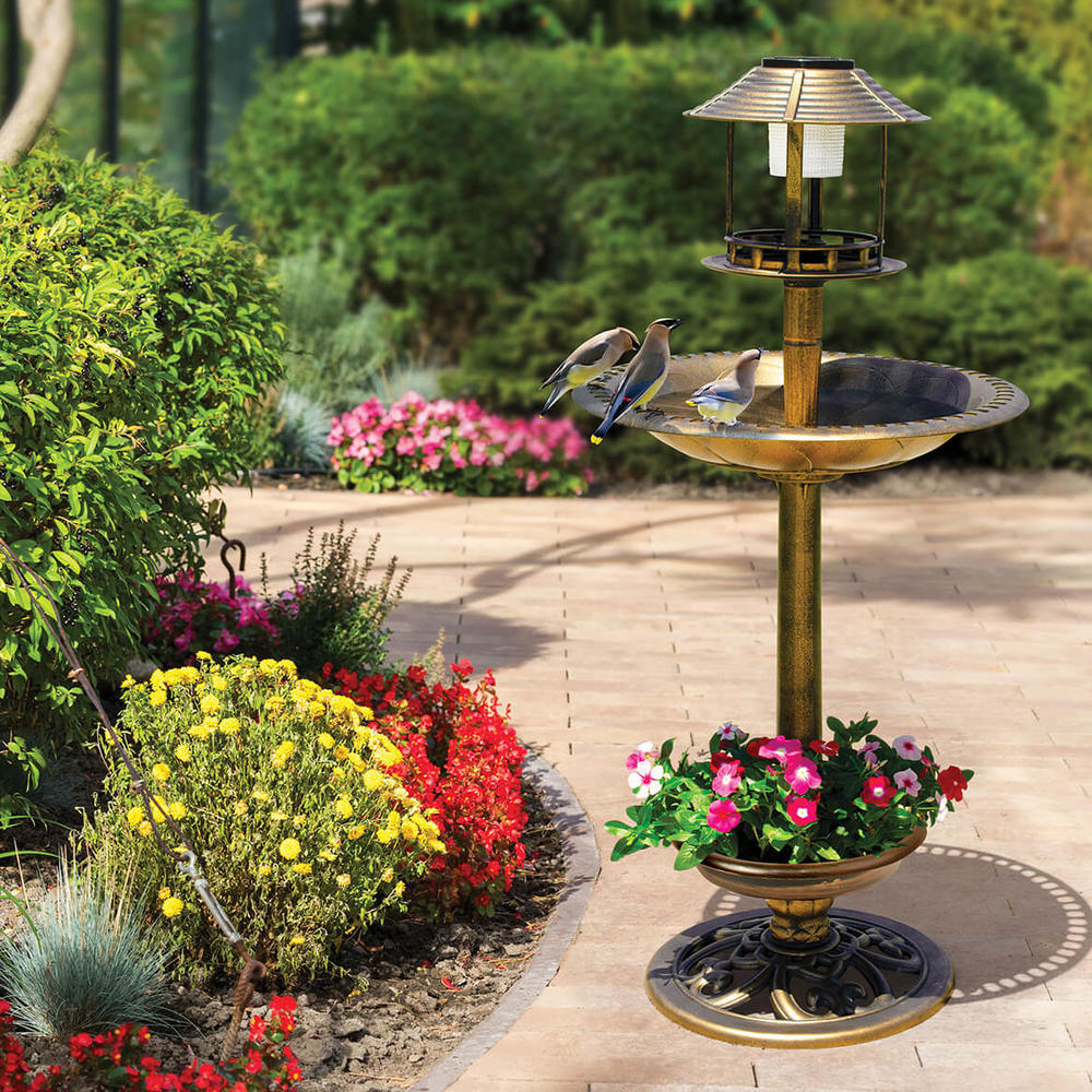 Solar Bird Bath Feeder Planter with Light for Garden Decor