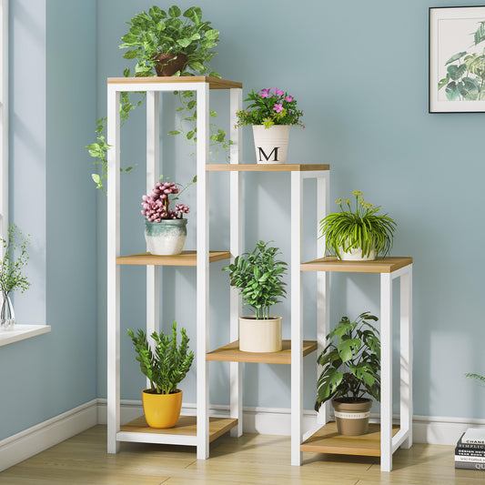 Wood Steel Multi-Tiered Garden Plant Stand Oak White