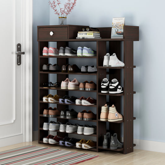 8 Tier Shoe Rack Storage Organizer with Drawer Dark Walnut