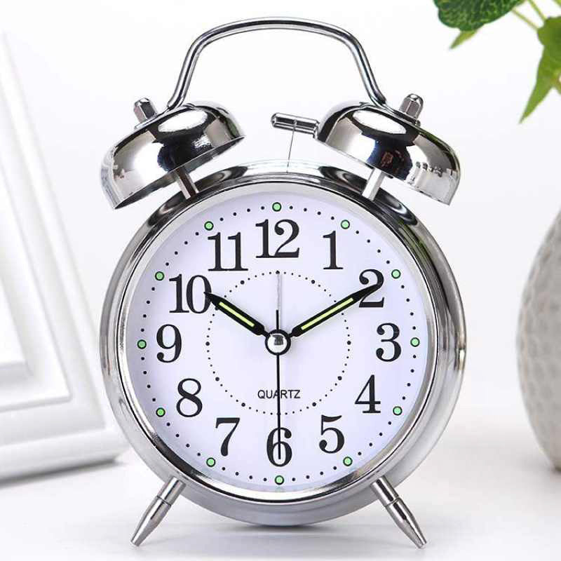 Classic Twin Bell Alarm Clock with Night Light Silver