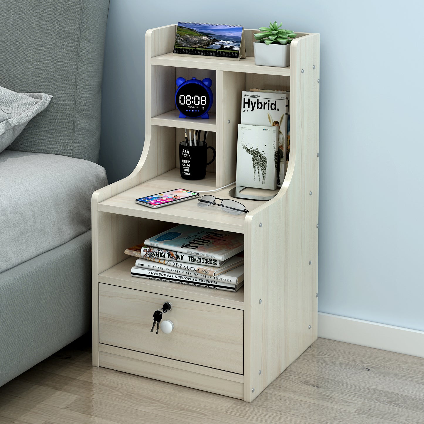 White Oak Tall Bedside Table with Drawer and Shelf