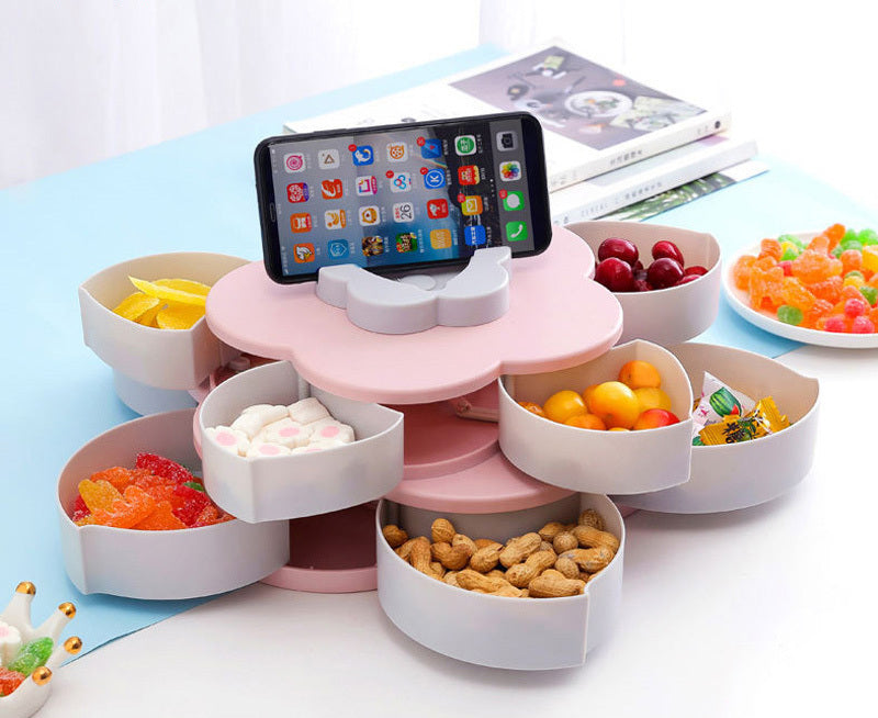 Rotating Multilayer Flower Snack Fruit Bowl Food Tray Pink