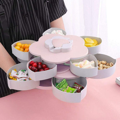 Rotating Multilayer Flower Snack Fruit Bowl Food Tray Pink