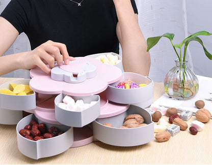 Rotating Multilayer Flower Snack Fruit Bowl Food Tray Pink