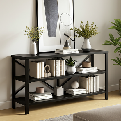 Industrial Console Table TV Stand Bookcase Storage Shelf Unit (Black)