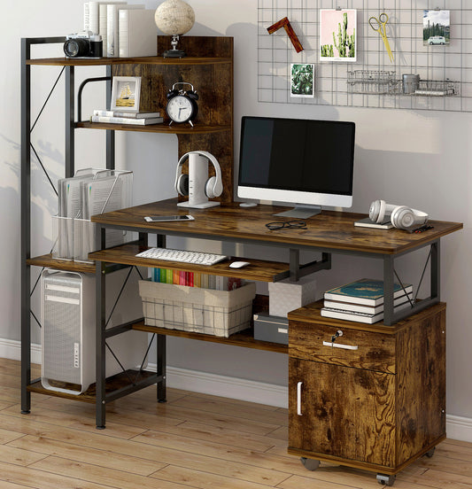 Rustic Wood Multi-function Computer Desk Workstation with Shelves and Cabinet