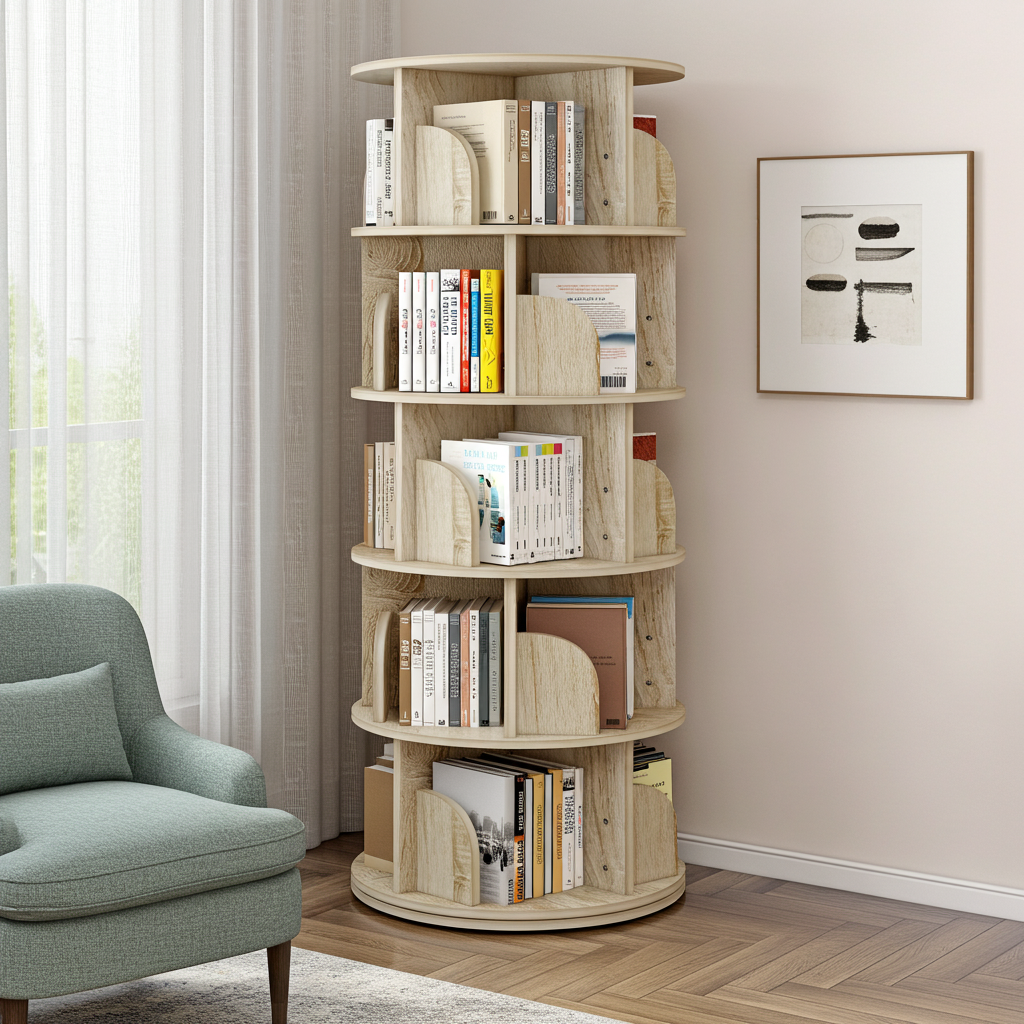 5 Tier Rotating Display Shelf Bookcase Organiser Coastal Oak