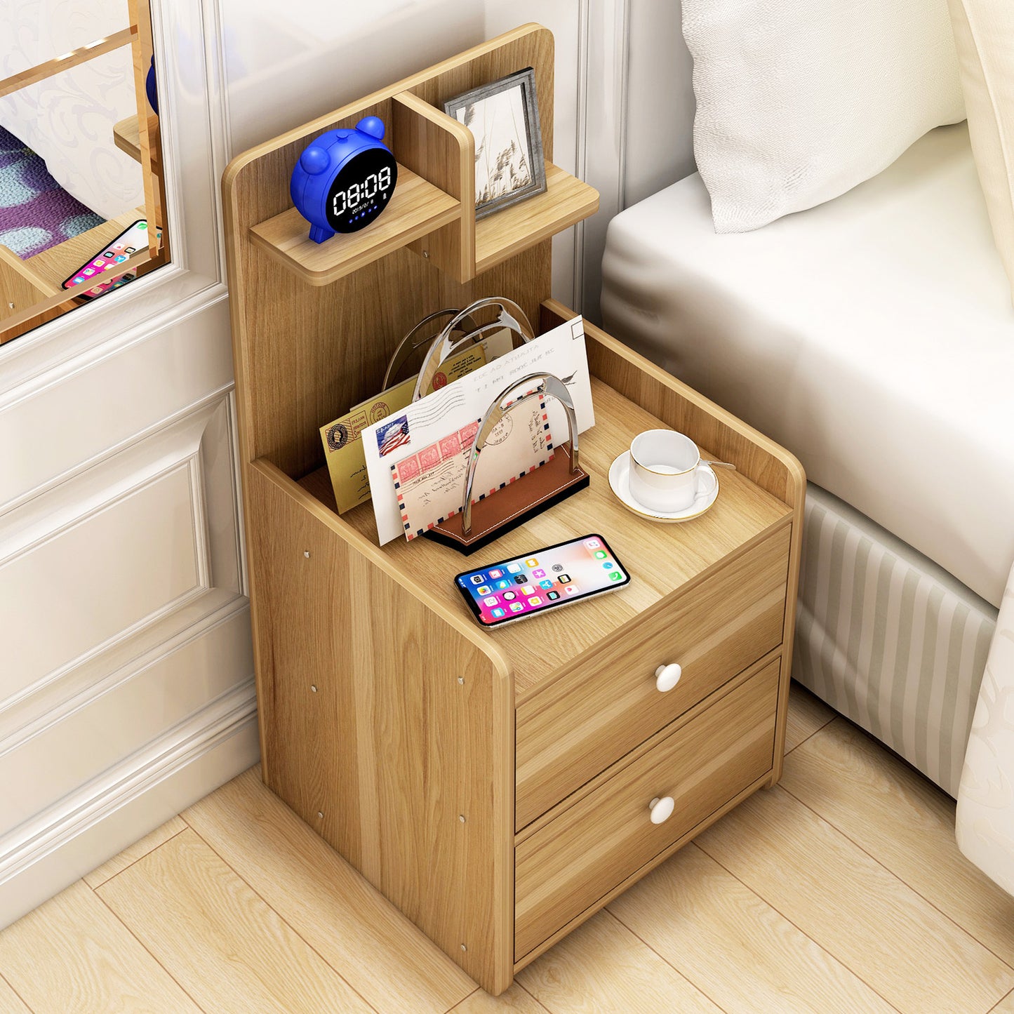 Tall Oak Bedside Table with Chest of Drawers and Shelf