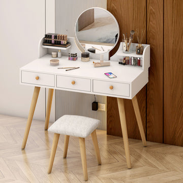 Large Vanity Table with Mirror Stool and Storage Drawers Set White