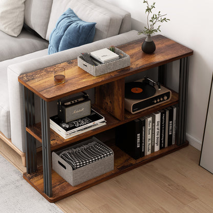 Rustic Wood and Steel Sofa Side Table with Shelves