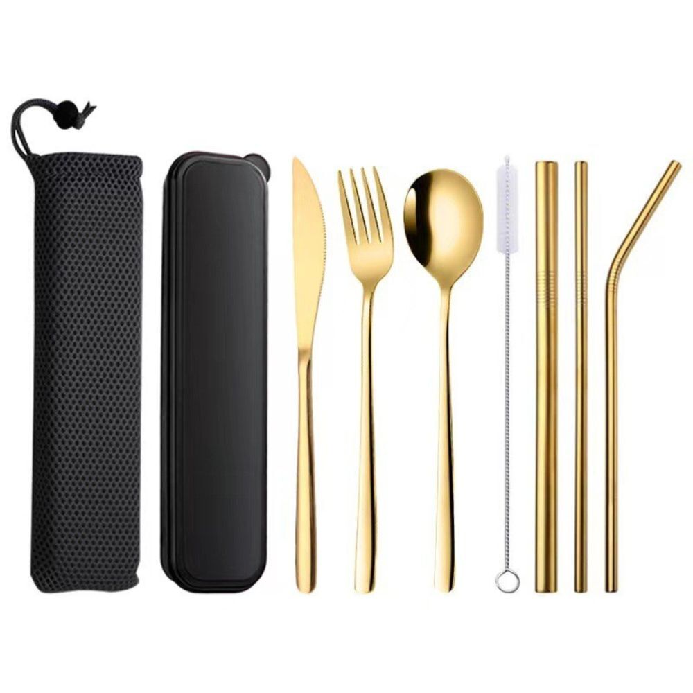 Premium 9PC Stainless Steel Travel Cutlery Set 9PC Portable Knife Fork Spoon Straws Gold