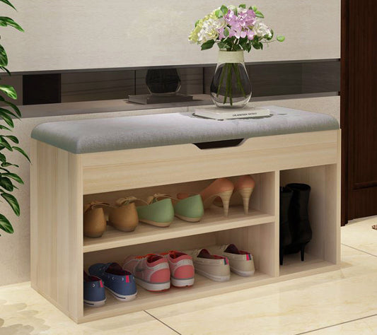 Stylish Wooden Cushioned Storage Ottoman and Shoe Cabinet White Oak Light Grey