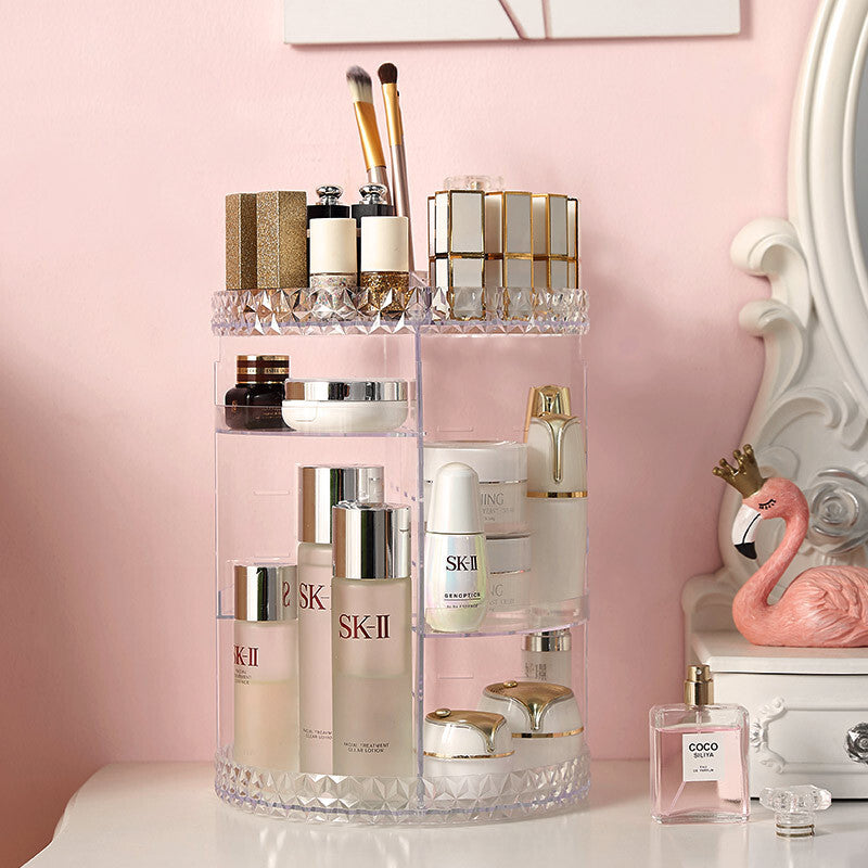 360 Degree Rotating Crystal Diamond Makeup Organizer for Jewelry and Cosmetics