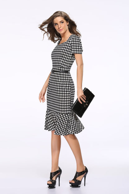 Elegant Office Patterned Dress with Belt for Women