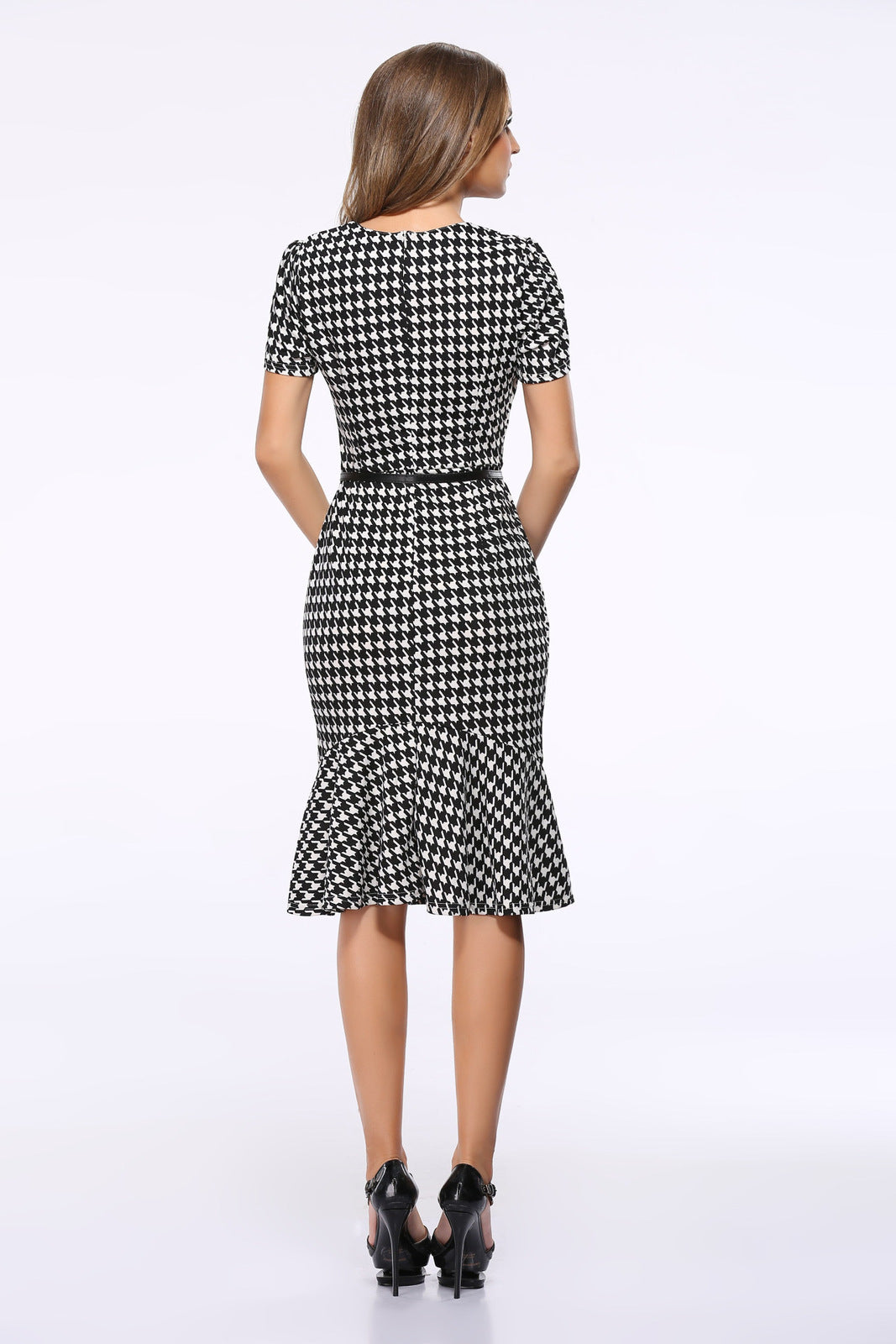 Elegant Office Patterned Dress with Belt for Women