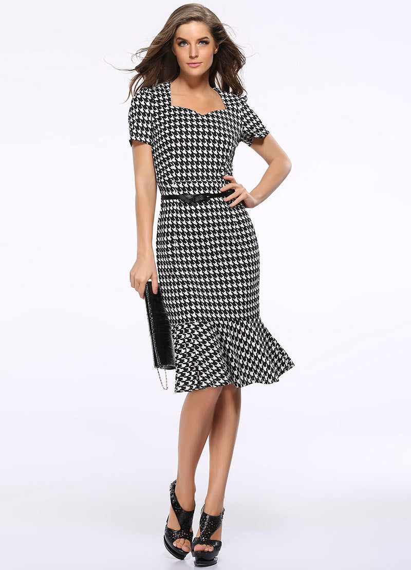 Elegant Office Patterned Dress with Belt for Women