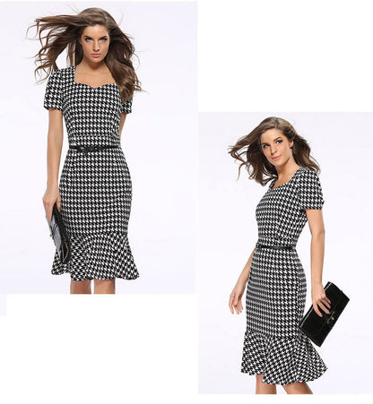 Elegant Office Patterned Dress with Belt for Women