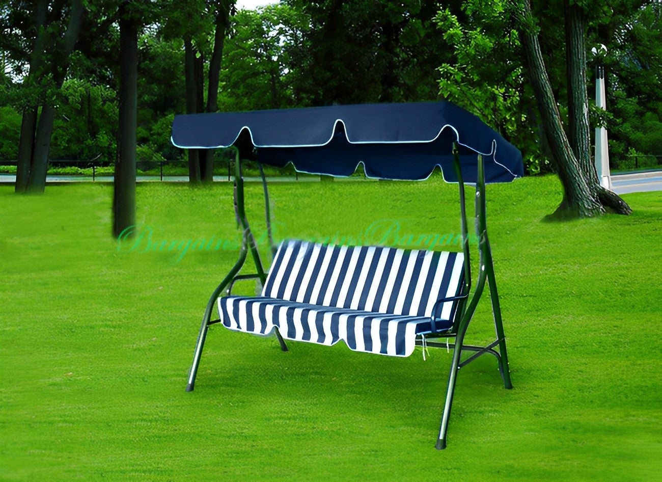 3-Person Outdoor Swing Chair with Padded Cushion Blue