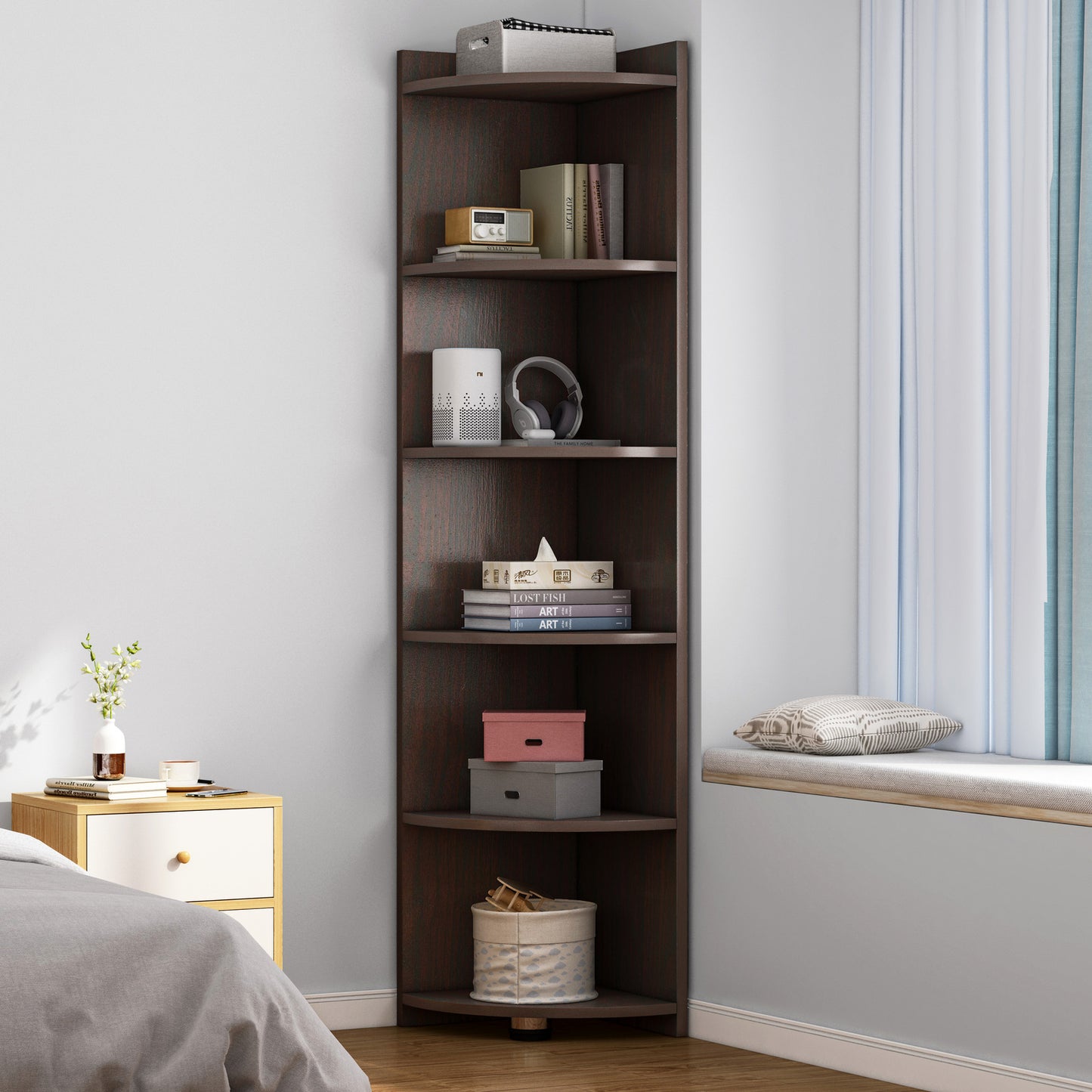 Stylish 6 Tier Wooden Corner Shelf Unit Black Walnut