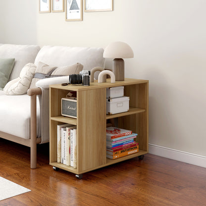 Compact Rolling Sofa Side Table with Magazine Shelf Oak