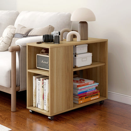 Compact Rolling Sofa Side Table with Magazine Shelf Oak