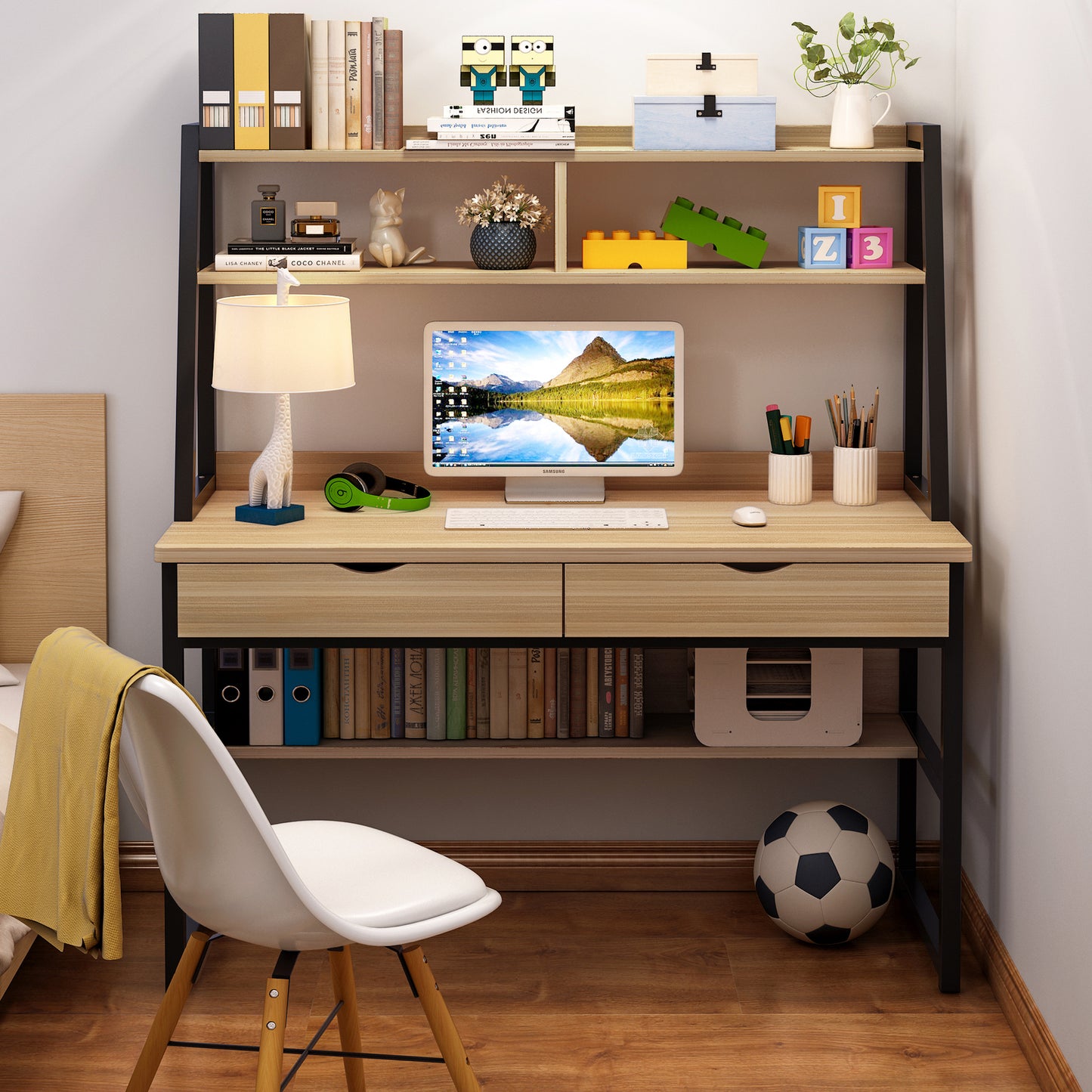 Spacious Office Computer Desk Workstation with Shelves and Drawers - Oak